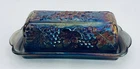 Vintage Blue Carnival Glass Harvest Grape  Butter Dish marked IG  7.5” x 3.25”