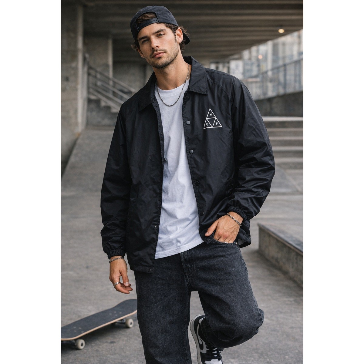 HUF Coach Jacket Mens L Black Streetwear Skate Y2K Skater Snap