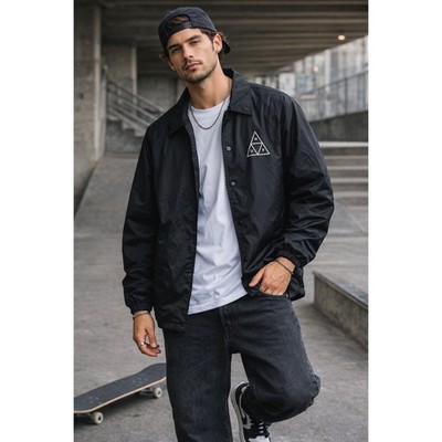 HUF Coach Jacket Mens L Black Streetwear Skate Y2K Skater Snap early 2000s 90s