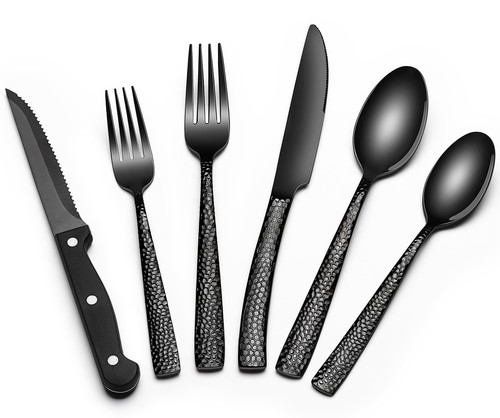 Juego de cubiertos martillados negros con cuchillos para carne, 24 piezas de acero inoxidable Wav...