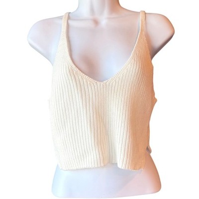 Ribbed Knit Cropped Tank Top Spaghetti Strap White Estimated Size Small