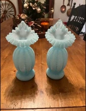 Vintage Fenton Aqua Crest Coin Dot Vase (SET OF 2) – 10”