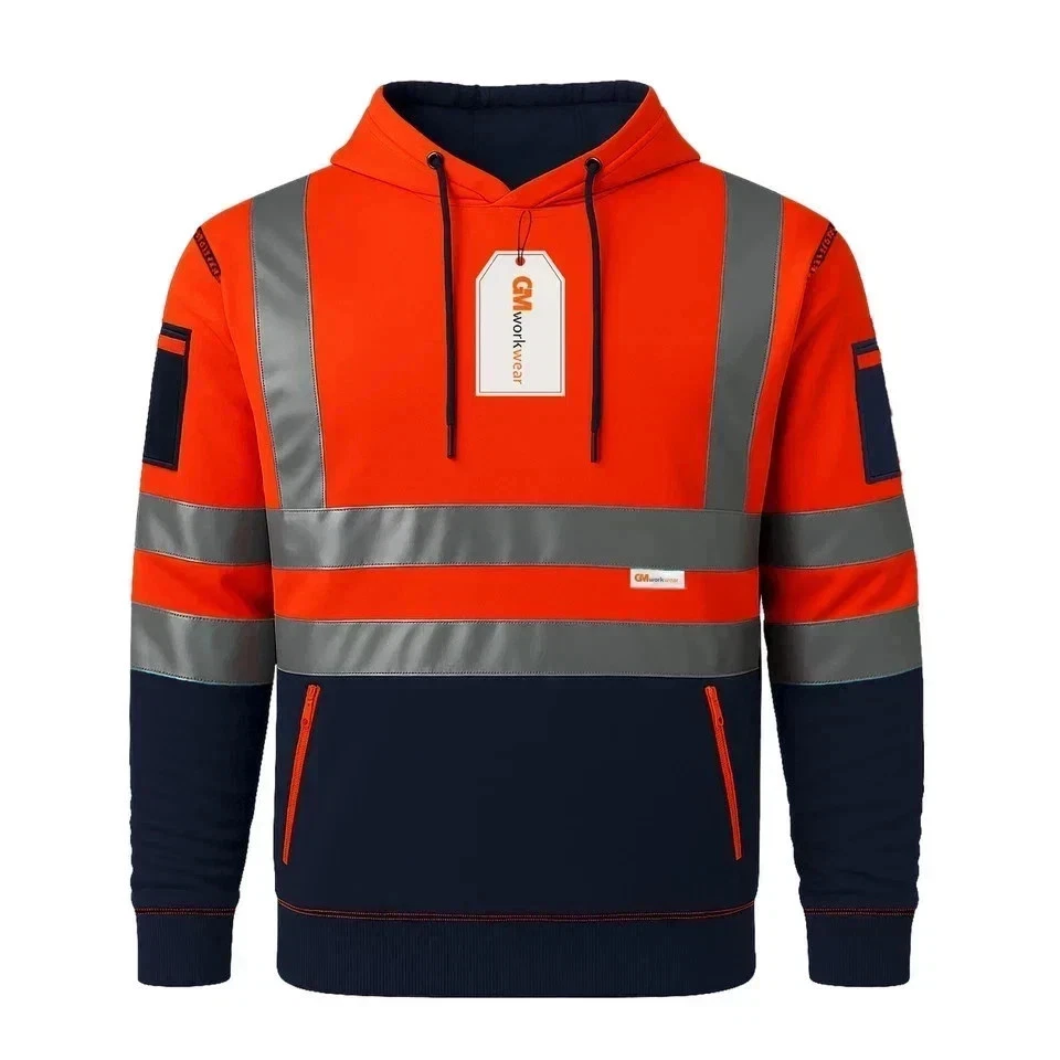 Hi-vis pullover hoodie zipped kangaroo pocket and reflective front layout