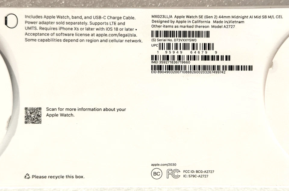 Apple Watch SE (Gen 2) GPS + Cellular 44mm Midnight M/L Sport Band (MXG23LL/A) - Image 4 of 4