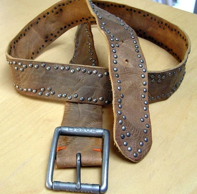 Boss Orange Vintage Brown Cow Skin Leather Belt Handmade in Italy 105/40 Nieten - Bild 1 von 4