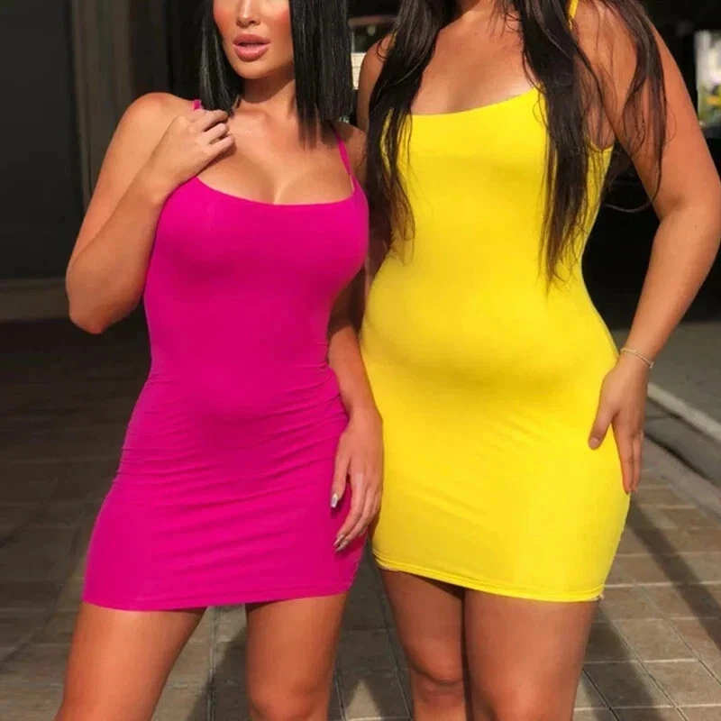 Club Party Sexy Women Solid Color Spaghetti Strap Sleeveless Bodycon Mini Dress