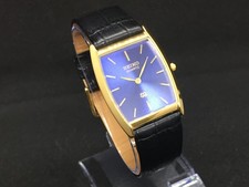 Vintage Seiko Quartz Barrel Tank Blue  Golden Dial Leather Strap Wrist Watch
