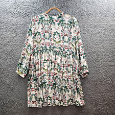 Double Womens Mini A-line Dress Size S Green White Red Floral 3.4 Sleeve