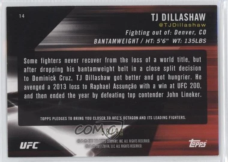 2017 Topps UFC Knockout Blue /99 TJ Dillashaw #14 - Image 2 of 2