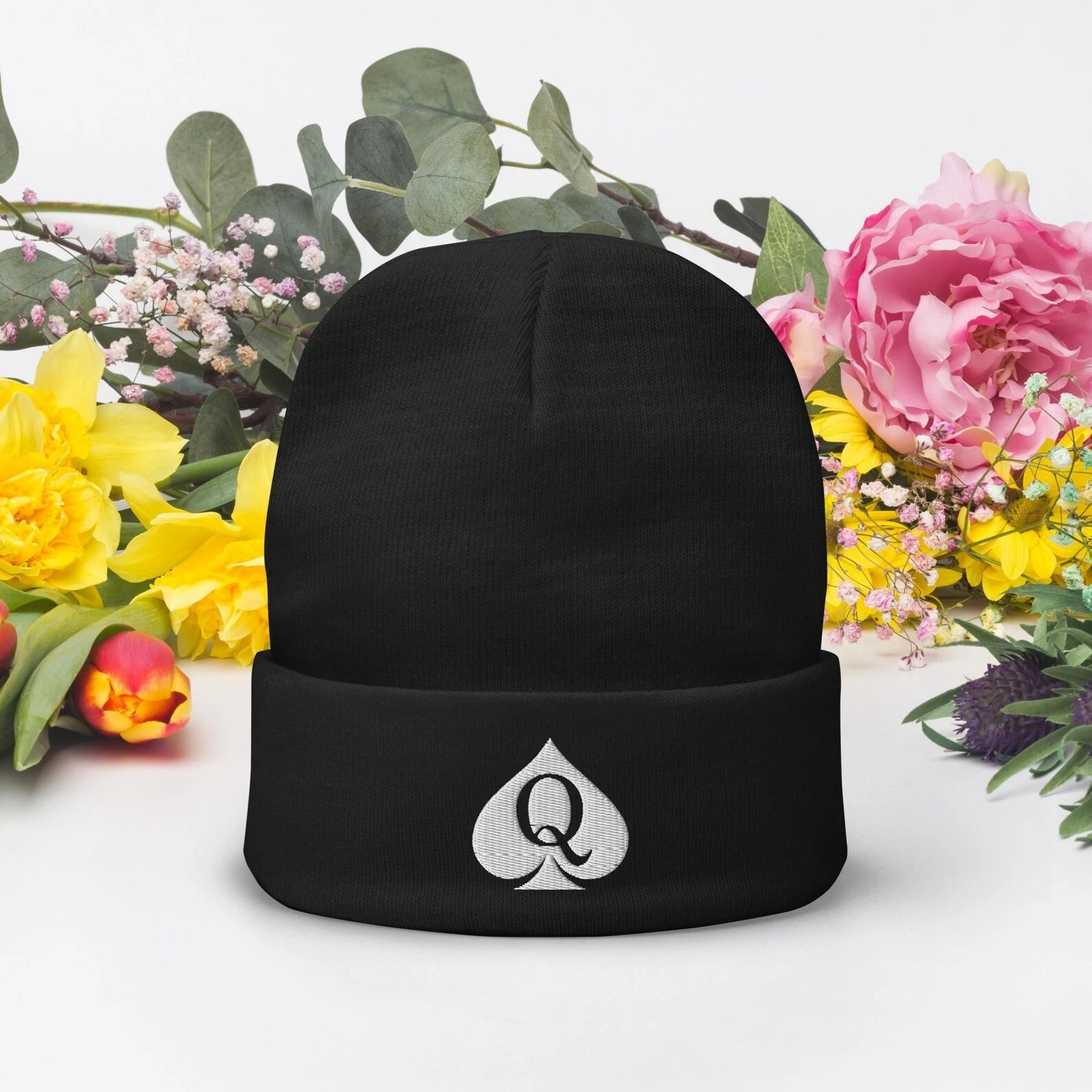 Queen of Spades Embroidered Beanie (Black, Navy)