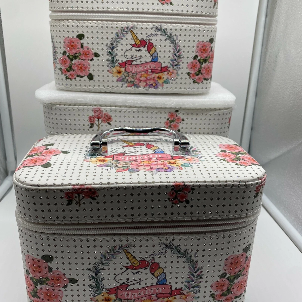 Unicorn White Floral Zippered Cosmetic Makeup Vanity Case Three Piece Set