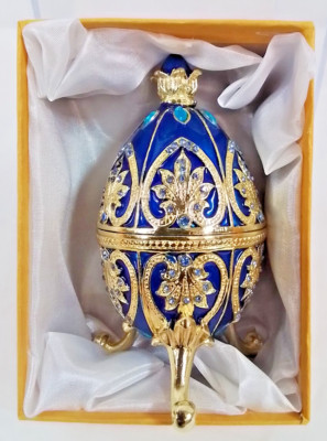 Enamel Blue Royal & Gold Fancy Hinged Jewelry Box-Easter Egg Decoration