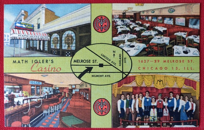 40s  Vtg Multi-View Linen Postcard- MATH IGLER'S CASINO CHICAGO IL-kept Pristine