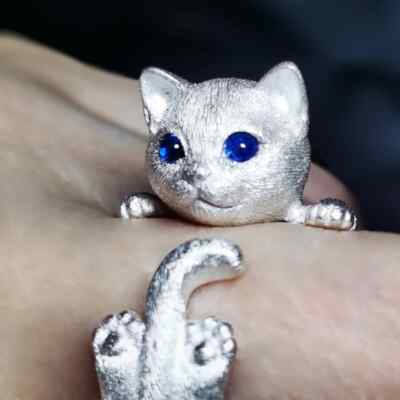Cute Cat Ring Blue Eye Cat Silver Plated Gemstone Finger Ring Jewelry Gift