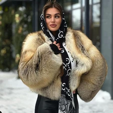 Luxury Women Genuine Golden Island Fox Fur Coat Short Winter Thick Warm Overcoat