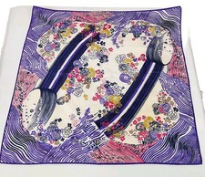 Vintage 1970s Square Silk Scarf Purple White Floral Geometric Pattern HIPPY BOHO
