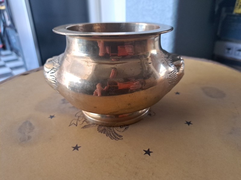 Antique Chinese Bronze/ Brass Censer Bowl, Foo Dog Handles
