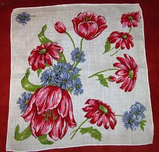 Vintage Floral Handkerchief 13" Sq Pink Blue Tulips Coneflowers