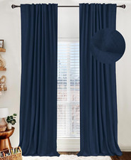 Midnight Blue Linen Blackout Curtains 96" Long, 2 Panels Set, Thermal Insulated
