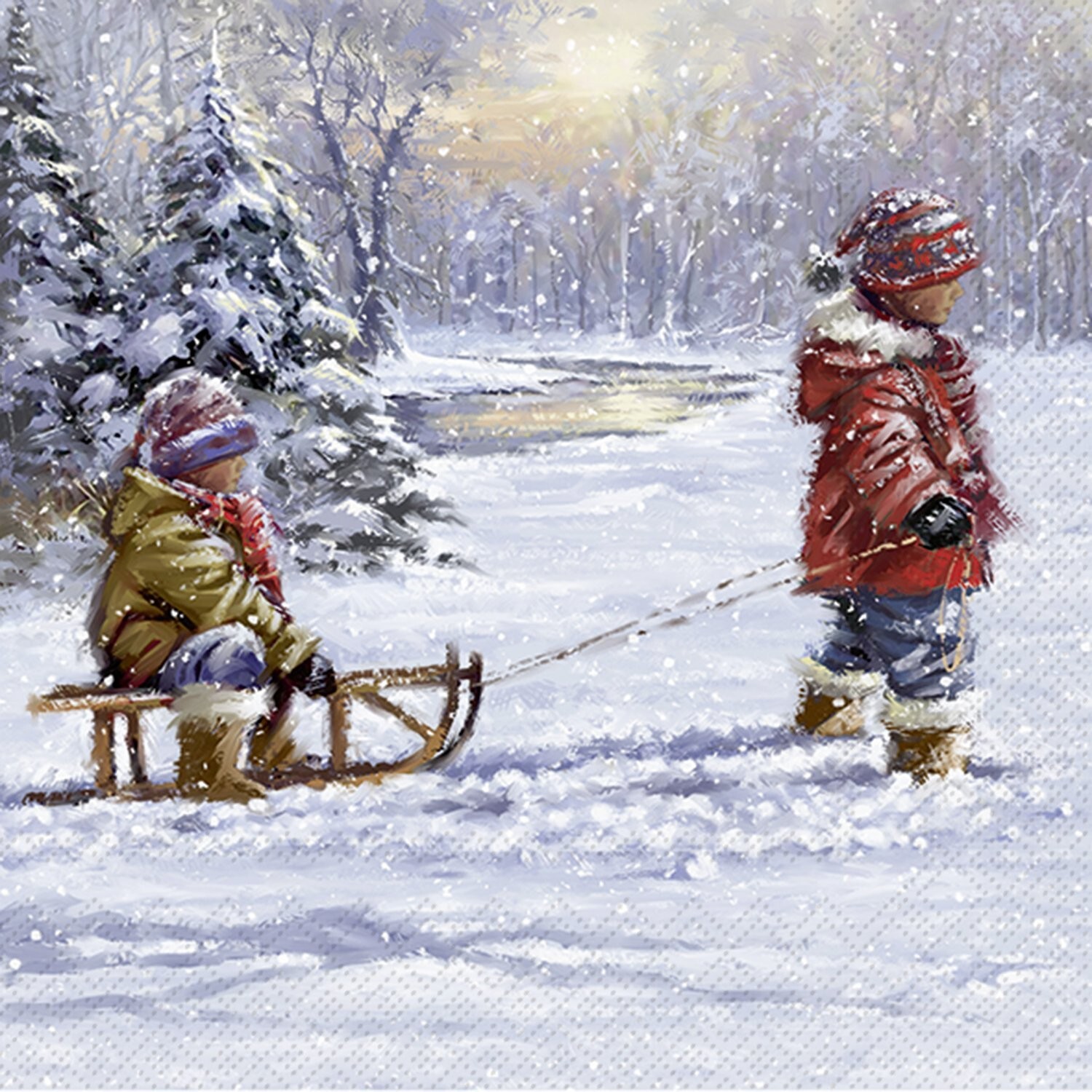 4 xLunch Paper Napkins/3Ply/33cm/Decoupage/Christmas/Children/Winter Sleigh Ride