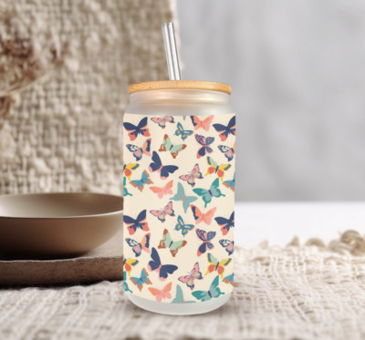Multicolor Butterflies Frosted Glass Can W/ Bamboo Lid 16 Oz Glass Cup by Mugzan