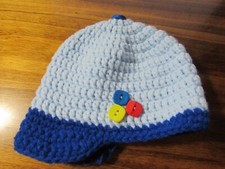 NEW/unworn hand crocheted baby boy bonnet hat blue w/colorful buttons