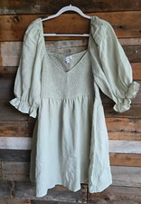 Mittoshop Balloon Sleeve Short Babydoll Dress Sage Green Smocked Sz 1X Plus
