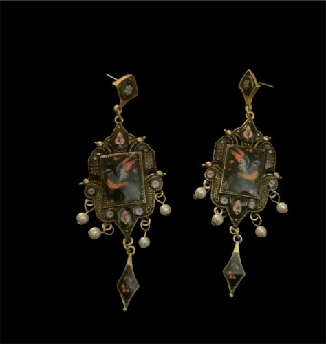 Firebird Bird Flower Earrings Pearl Art Museum Gold Court Mosaic VTG Palace - Picture 6 of 6