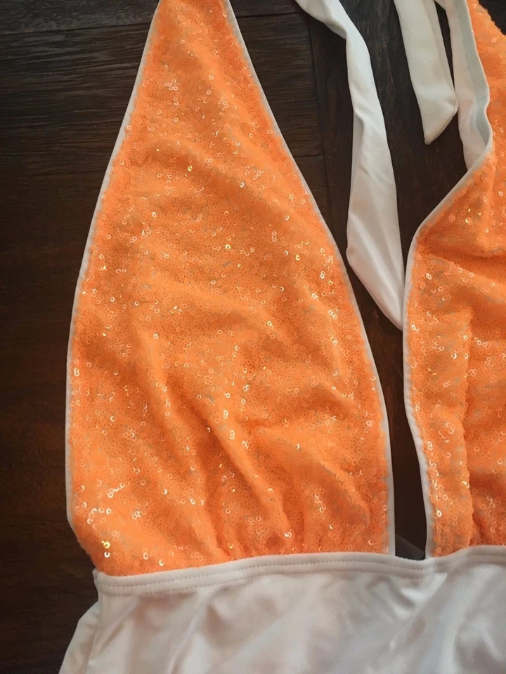 South Beach Sequin Halter Plunge Swimsuit NEW SZ 10 Orange & White SUPER SEXY! - Image 4 of 4
