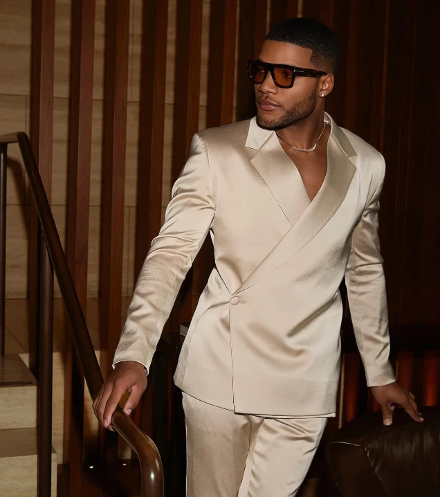 Traje de satén de seda para hombre dorado fiesta graduación 2 piezas boda novio chaqueta blazer noche Foto 2 de 4