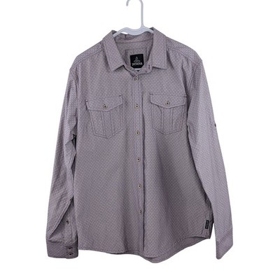 prAna Mens Button Down Shirt Medium Purple Geometric Long Sleeve Roll Tab Hiking