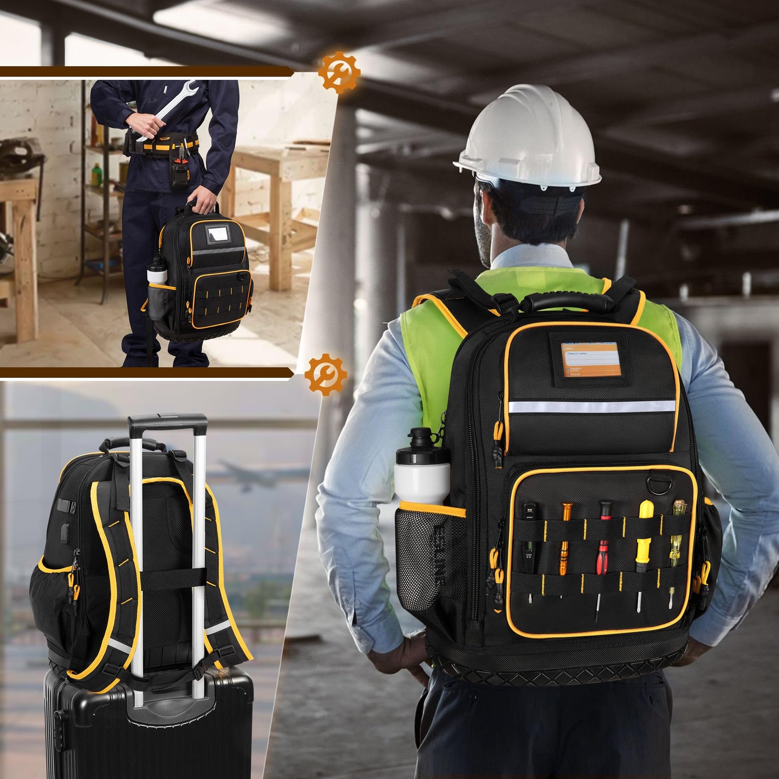 Tool Backpack with Hard Bottom and a Tool Pouch, Heavy Duty Tool Bag with Mul...