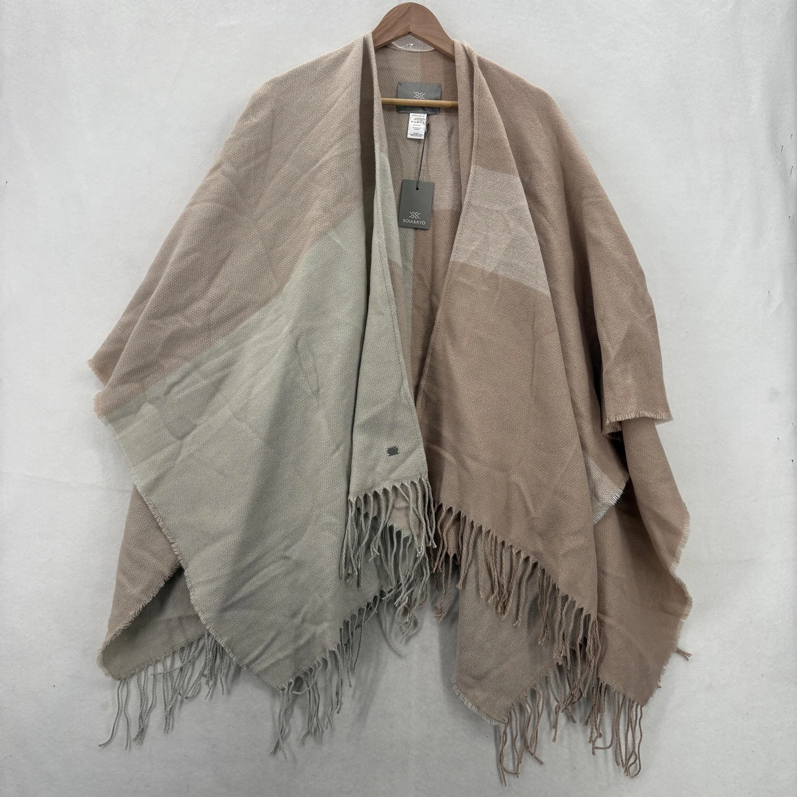 Soia & Kyo Poncho Womens One Size Beige Striped Fringe Open Front Wrap Boho NWT