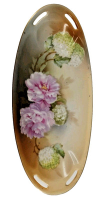 RS Tillowitz Porcelain Floral Relish / Candy Dish Tray Germany 8'' Roses Pink B2
