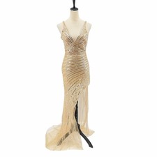 Sz S Sparkly Gold Beaded Plunging V-Neck Backless Mermaid Long Prom Formal Gown