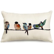 Lumbar Pillow 12x20 Decorative Throw Hand Painted Outdoor Birds Pillow Cover NEW