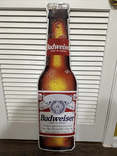 VTG Budweiser Bud Beer Bottle Embossed Large Metal 35" Tall Tavern Bar Tin Sign