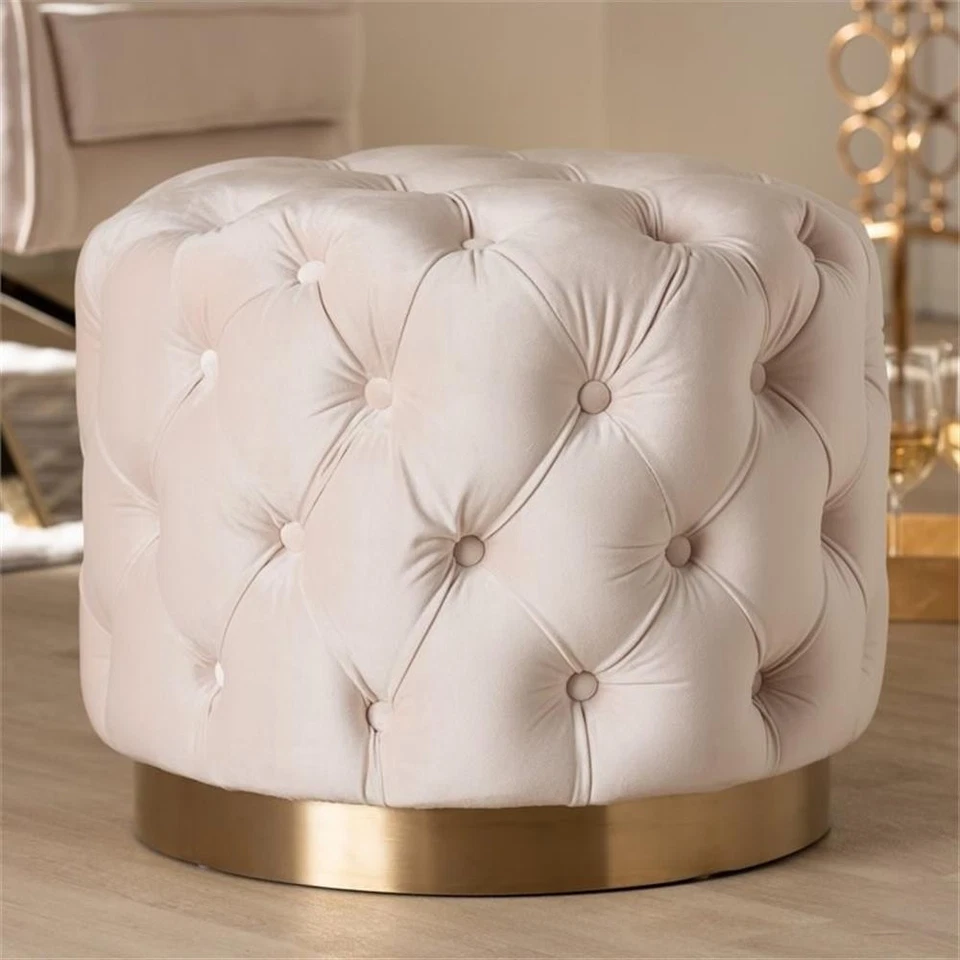 Baxton Studio Valeria Modern Tufted Velvet Ottoman in Light Beige and Gold - Image 3 of 4