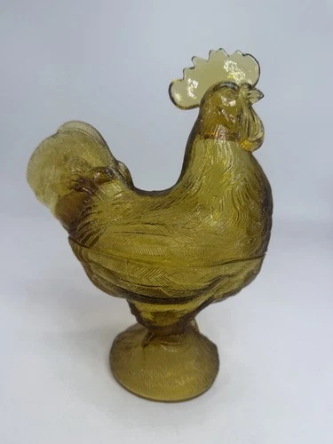 Depression Glass Clear Amber Colored Candy Dish Lidded Rooster