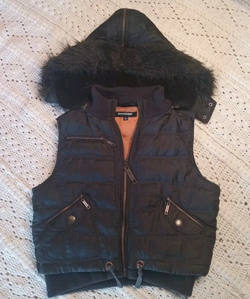 CHALECO PLUMAS ABAJO CAFETERÍA Piel sintética Cremallera Capucha Cremallera Bolsillos Otoño Invierno Y2K Foto 2 de 4