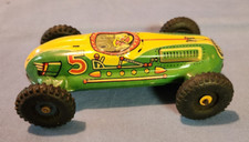 VINTAGE 5 GREEN YELLOW TIN LITHO FRICTION TOY RACE CAR 5 1/2 INCHES LONG