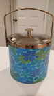 Vintage 1970s Blue Flower Insulated Ice Bucket Brass Handle MCM GROOVY!