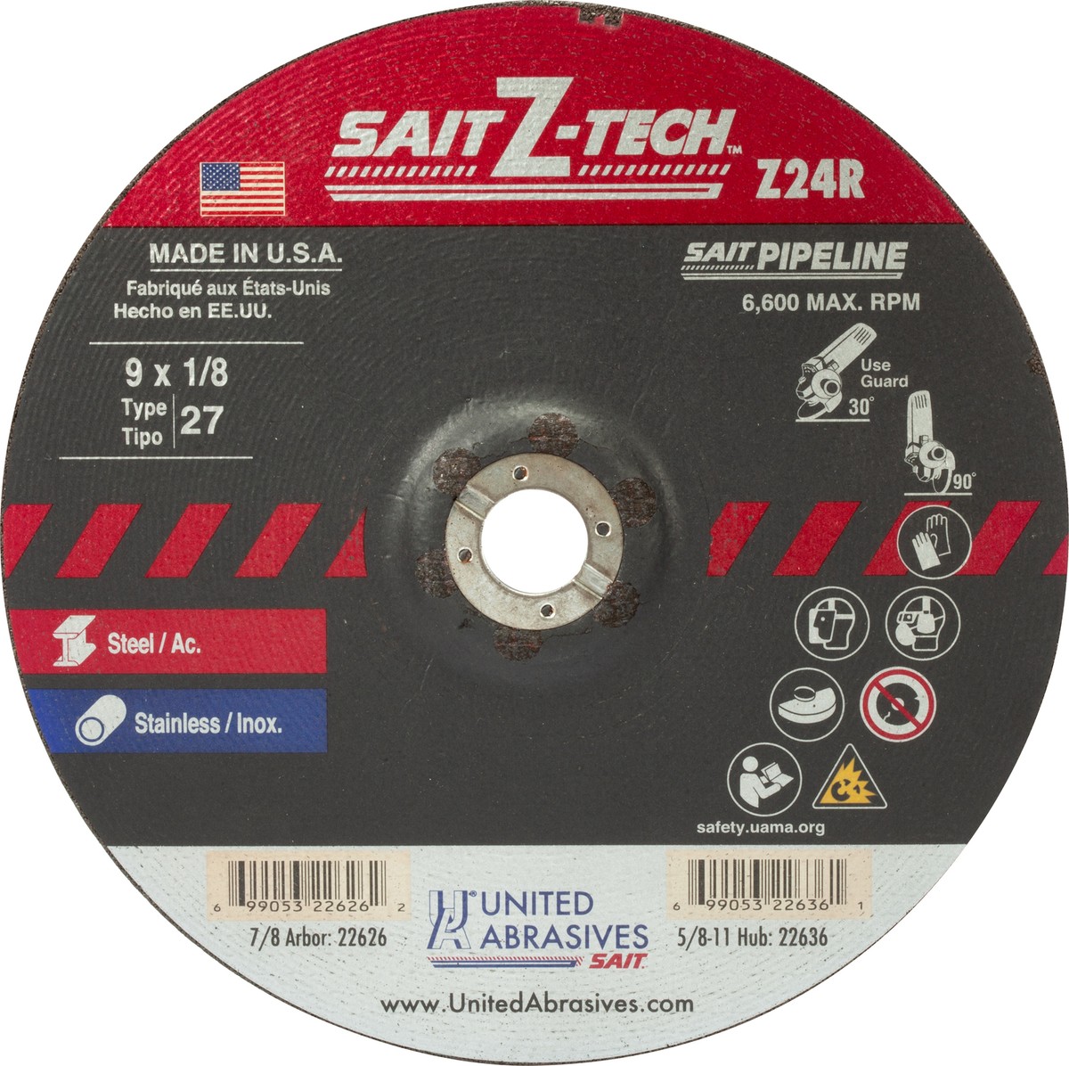 United Abrasives SAIT 22626 9x1/8x7/8 Z24R Z-Tech Pipeline Cutting