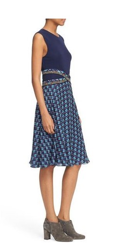 Diane Von Furstenberg Rosalie Mixed Media Fit & Flare Blue Sleeveless Dress 12 - Picture 3 of 6