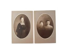 2 Antique Victorian Cabinet Card Photos Sisters Ornate Dresses Ruffle Collars 