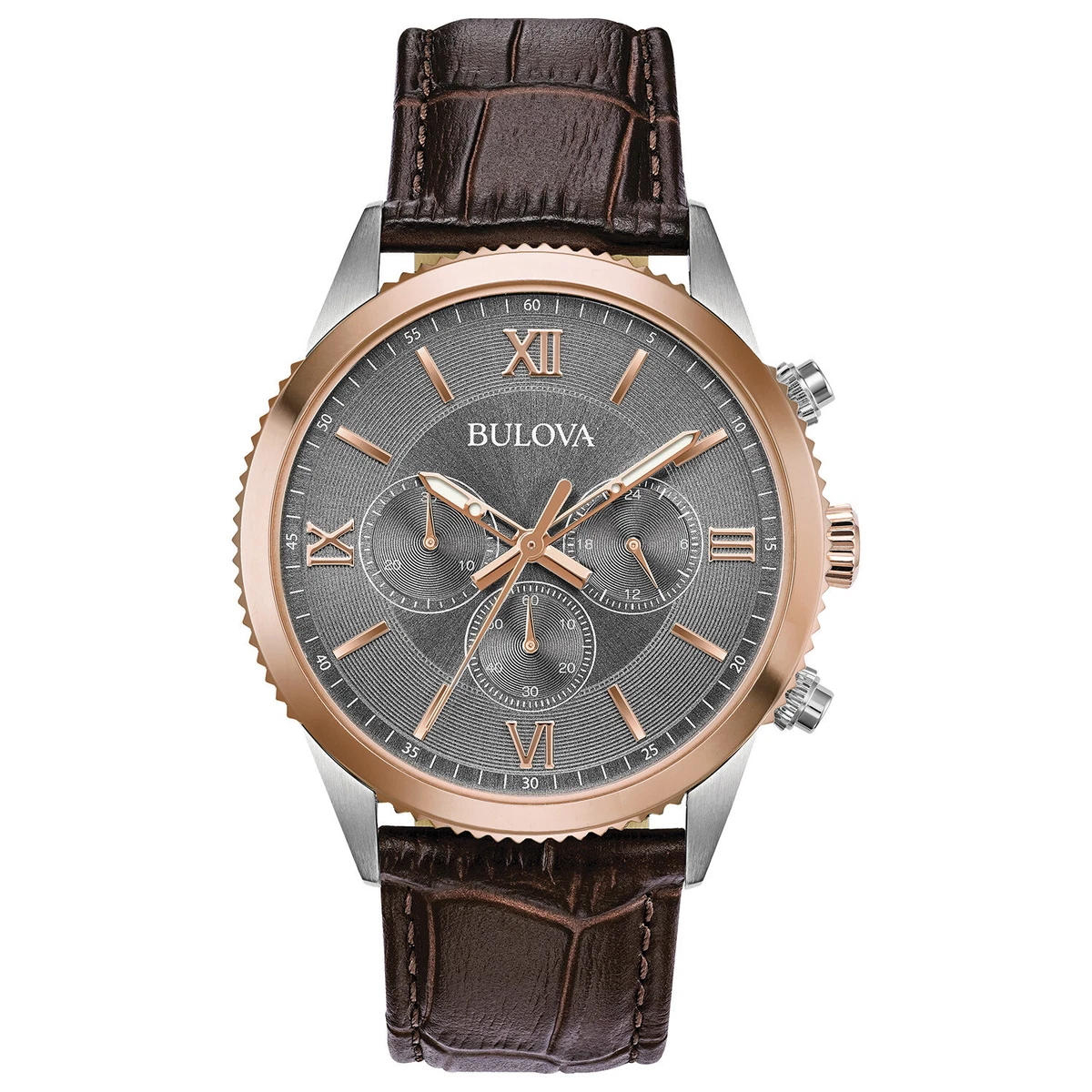 Bulova Men s Quartz Chronograph Brown Leather Band Grey Dial Watch 42mm 98A219