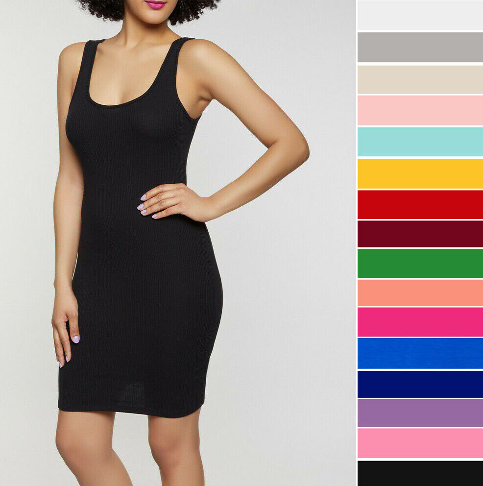 Women's Basic Sleeveless Tank Top Dress Soft Stretch Cotton Knit Bodycon  Mini