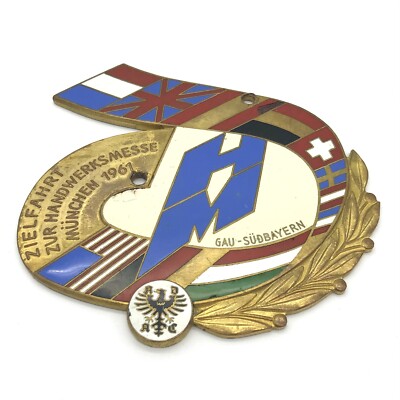 ADAC ENAMEL BADGE MÜNCHEN MUNICH 1961 MESSE FAIR COUNTRY FLAGS USA UK ITALY VW