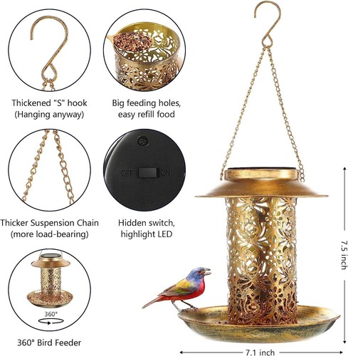 Solar Bird Feeder for Outdoors Hanging Metal Wild Bird Feeder Garden Lantern - Picture 5 of 11