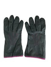 Vintage Black Leather Gloves Cashmere Lined Purple Stitching Size 7.5